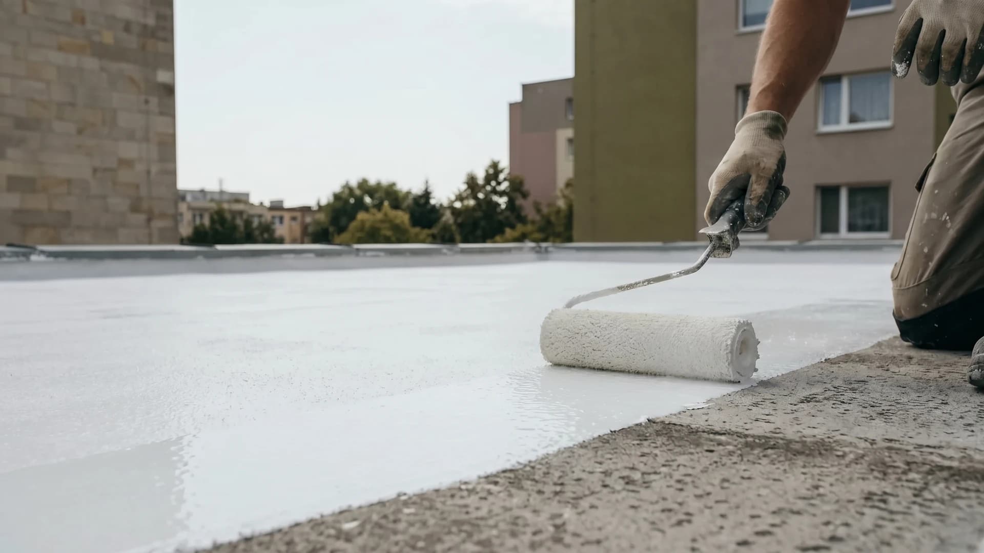 Vakman rolt de witte siliconencoating naadloos over een bestaand plat dak