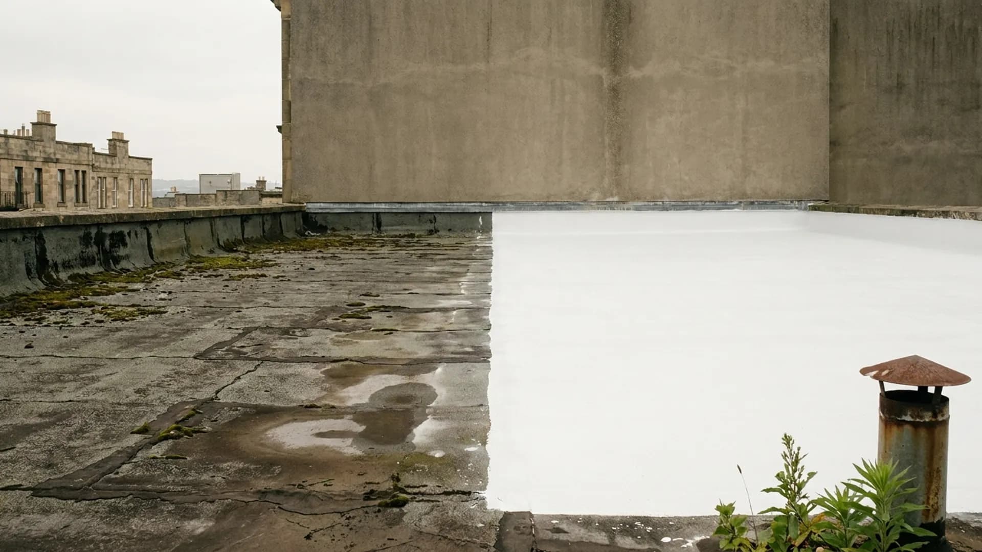 Eén plat dak, half oud bitumen en half vernieuwd met witte siliconencoating